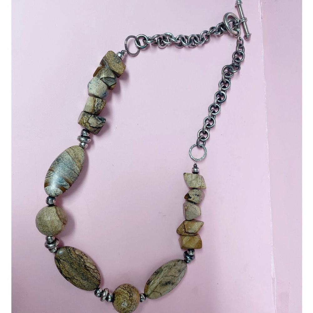 Sterling Silver Big Links Chain and Chunky Jasper Beads Necklace